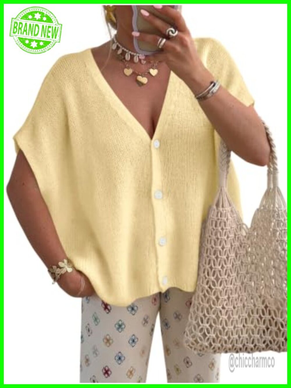 Oversized Short Sleeve Button Down Cardigan Sweater - Lightweight Ribbed Knit